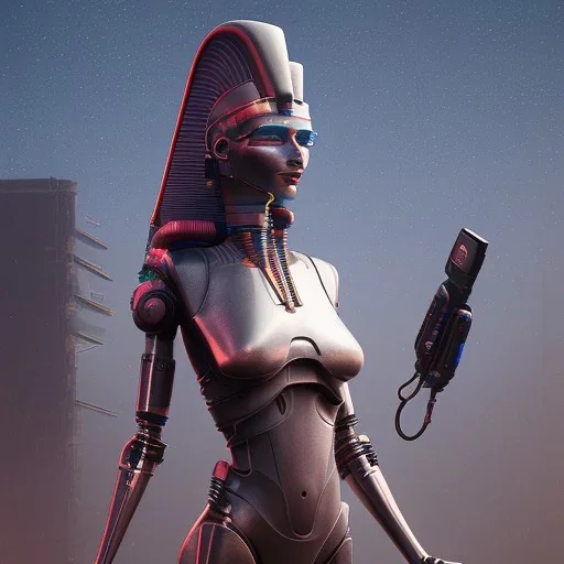 Nefertiti cyberpunk, full body, robocop, Egypt background