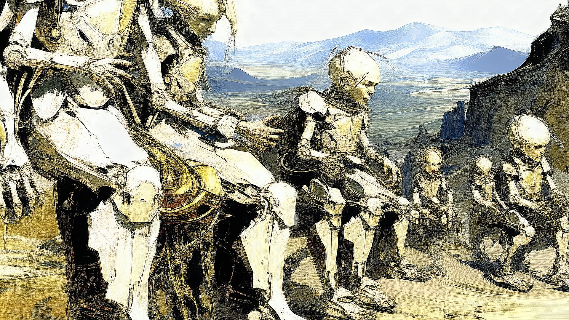 A group of white humanoid figures with large heads and distorted bodies engaged in various activities on a golden, textured landscape with mountains in the background