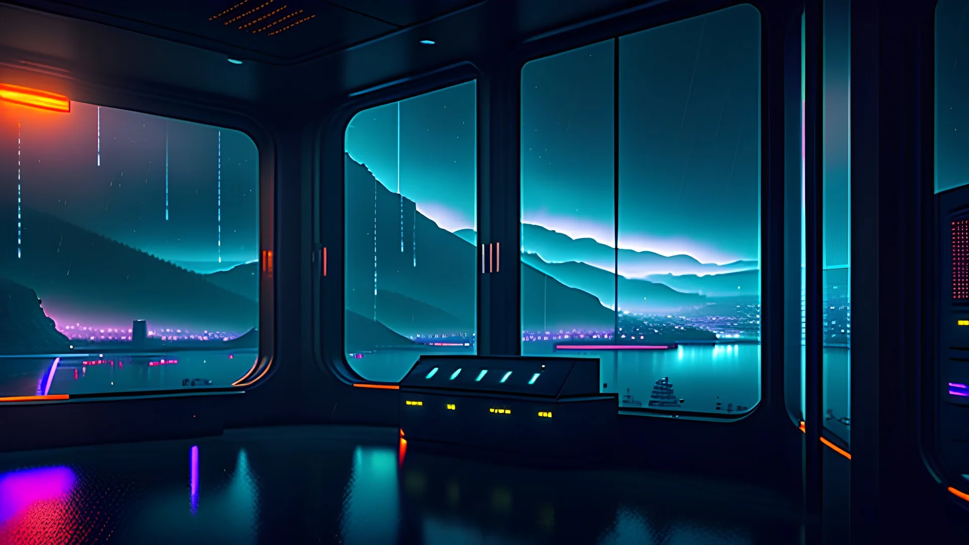 inside a cyberpunk control station with windows looking out into the night sky, rain on the windows, overlooking a river and cliffs, dark and moody