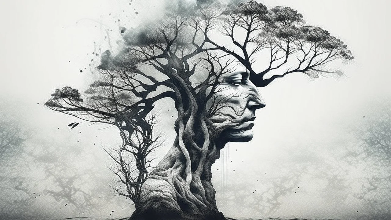 Cover Art. Dark. Ink Water color tree Portrait Dry and cracked skin dry tree double exposure. minimal. Rock music cover Art, . Surreal Art.