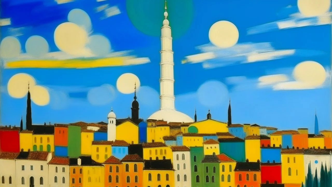 A white Arabian city with spinning clouds painted by Alexej von Jawlensky