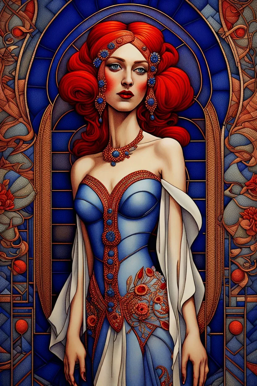 3D image, a beautiful art deco bride with red hair, white and blue veil, beautiful eyes, red lips, blue flowers, bold gold, sensuality, fantastical surrealistic, elegant, beautiful high definition acrylic art, sunrise, watercolor patchwork, Daniel Merriam style, Ivan Bilibin, Ernst Haeckel, Jean-Baptiste Monge, Picasso, Caspar David Friedrich, Jacek Yerka, Richard Dennis, Joe Fenton, Andree Wallin, İsmail İnceoglu, Wassily Kandinsky, Thomas Kinkade, line art, artstation, extremely detailed, intr