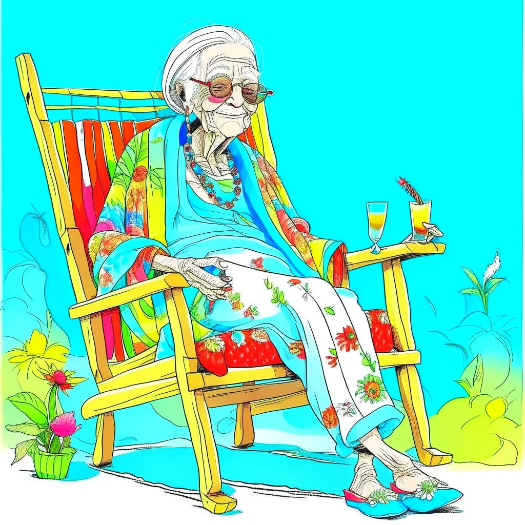 Whimsical drawing of a 70-year-old old lady dressed like a hippie from the 1960s, with a colorful headscarf covering her white headscarf, Yoko Ono-style sunglasses, a shirt with the symbol of the peace movement, floral long sleeves, sandals with red, green, blue striped socks Vesgol is relaxing in a rocking chair outside, holding a beer mug in one hand and a whiskey bottle in the other, next to her is a small table with a pile of empty beer bottles, Y. The peaceful setting includes a stunning vi