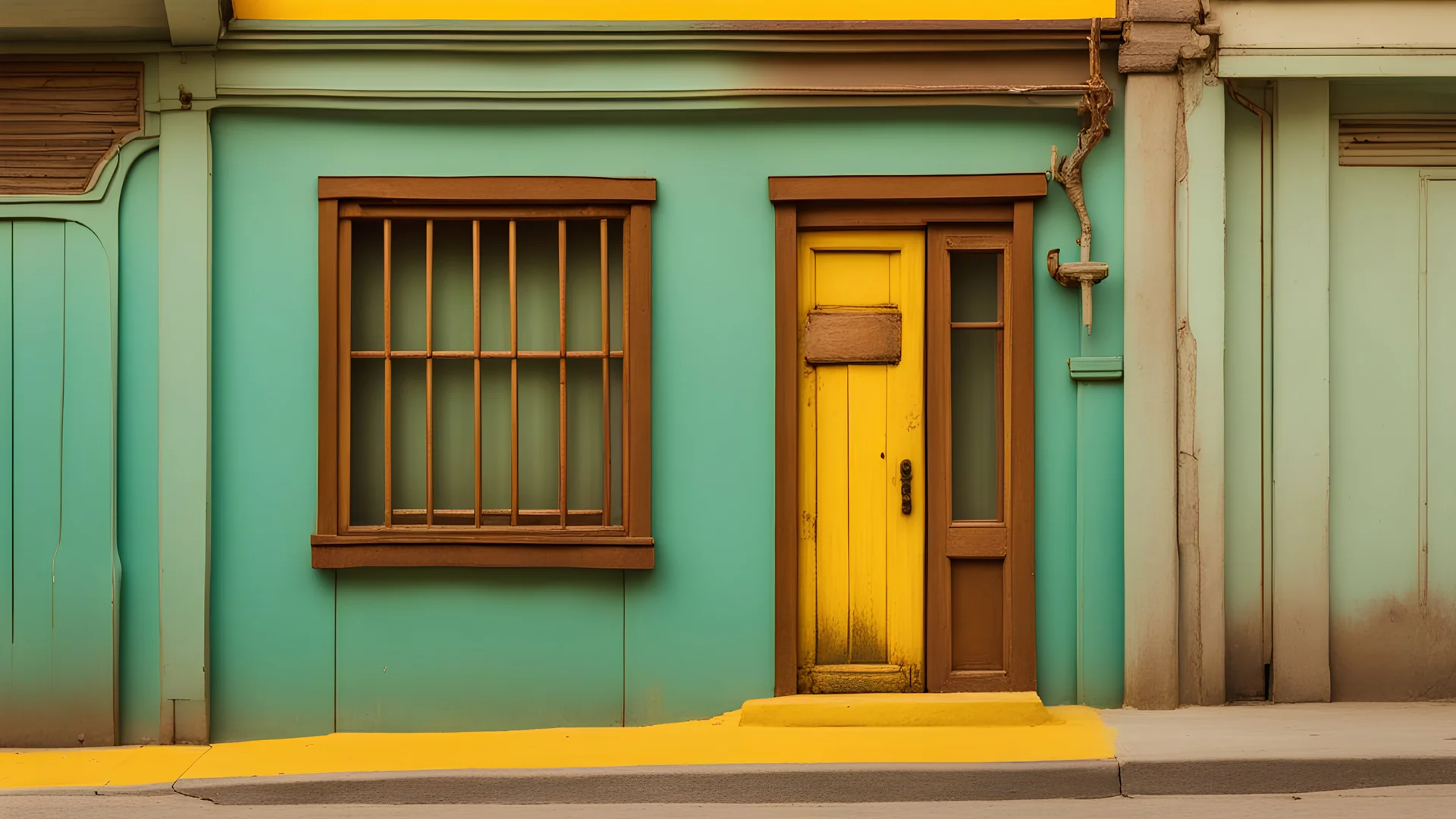 Una pared pintada de verde mar y marrón con una antigua puerta de madera situada a tres pies por encima de una acera con un bordillo amarillo, de cerca, detalles intrincados