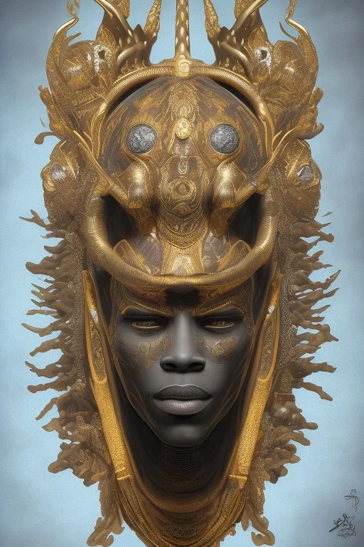 black male African Egyptian alien, cracks in the voodoo head, wicked, eyes, crown, Elephant, 8k, finely detailed, photo realistic, tiger turquoise skull head gold dragon space alien snow skeleton gold teeth silver crown silver space face mask