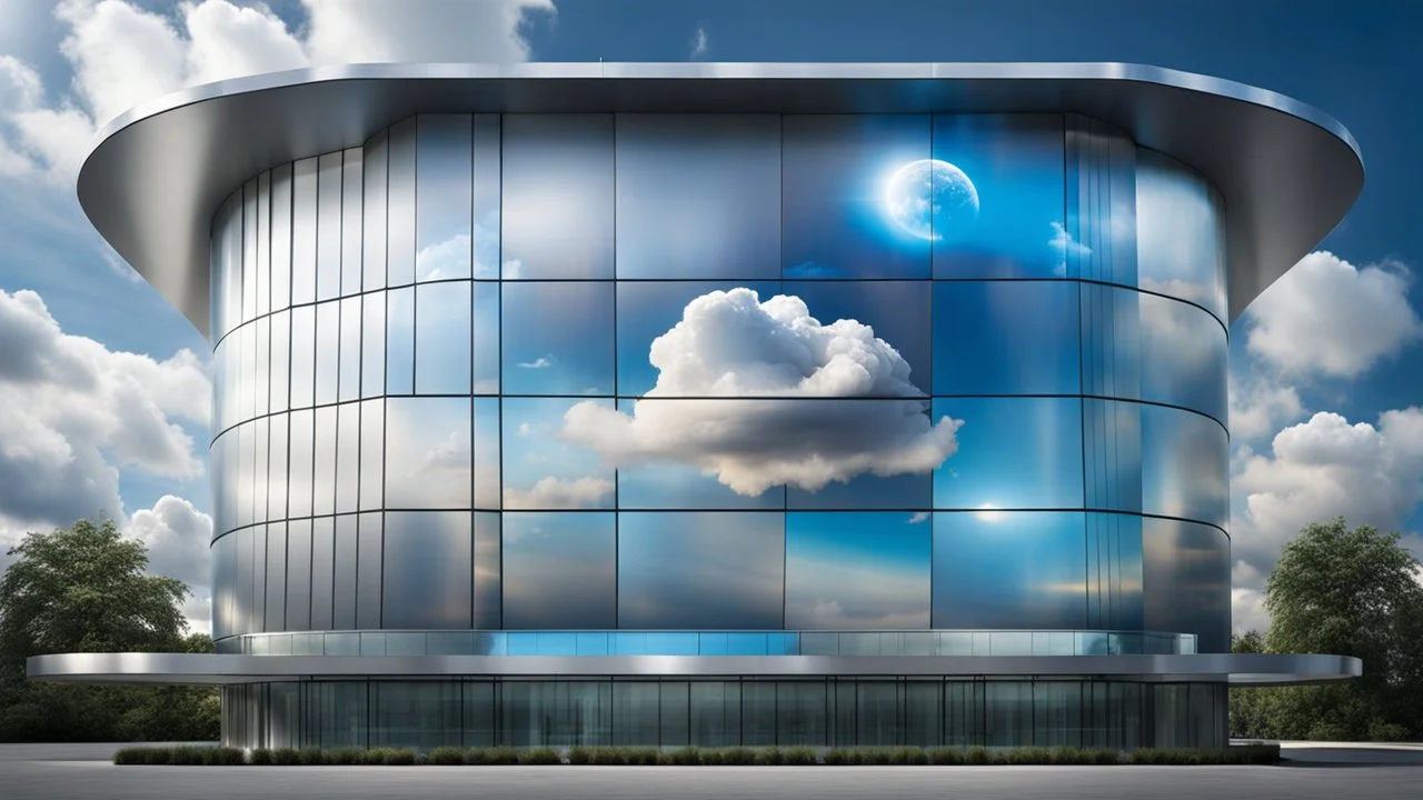 photorealistic high-tech building with futuristic and modern feel, metalic walls, holographic displays, unique technology floats in sky between big clouds, high textures, blue sky, sunshine, Professional photography, bokeh, natural lighting, canon lens, shot on dslr 64 megapixels sharp focus, stunnig