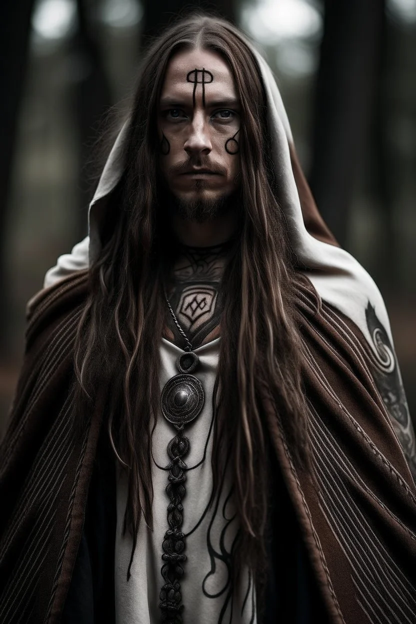 long haired warrior with tribal tattoos and cloak