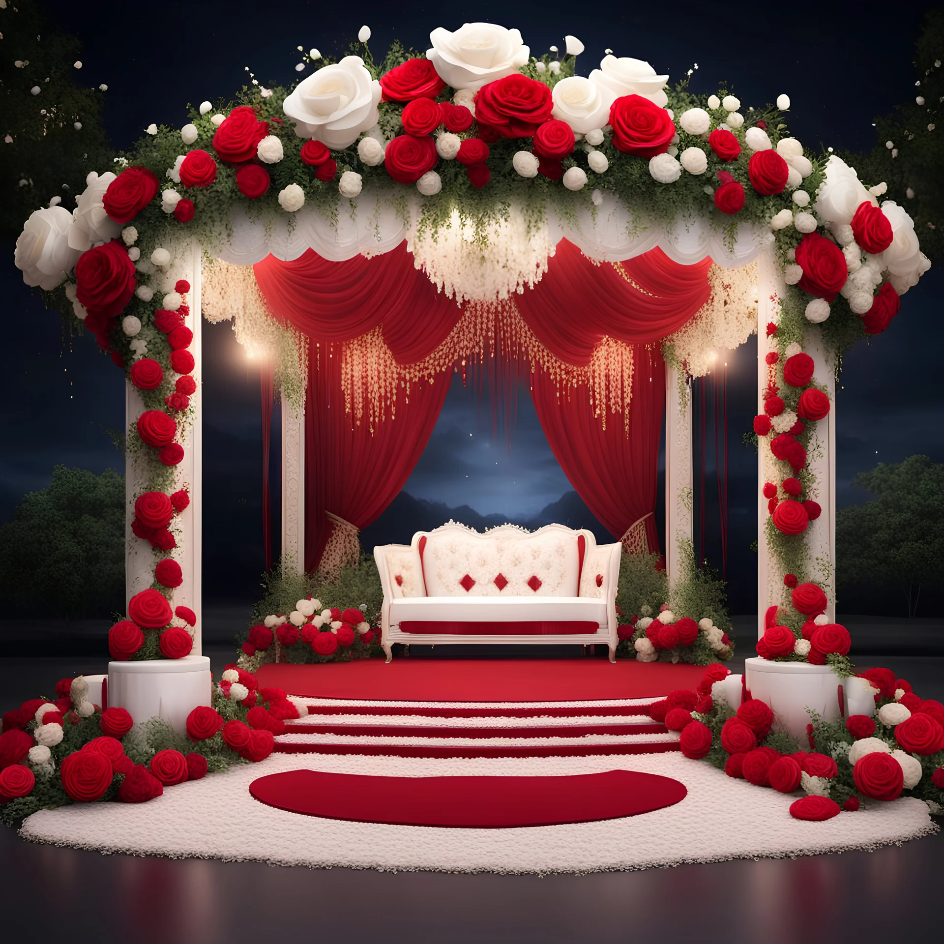 Hyper Realistic Beautiful Traditional Wedding Stage decorated with Red & White roses at Night