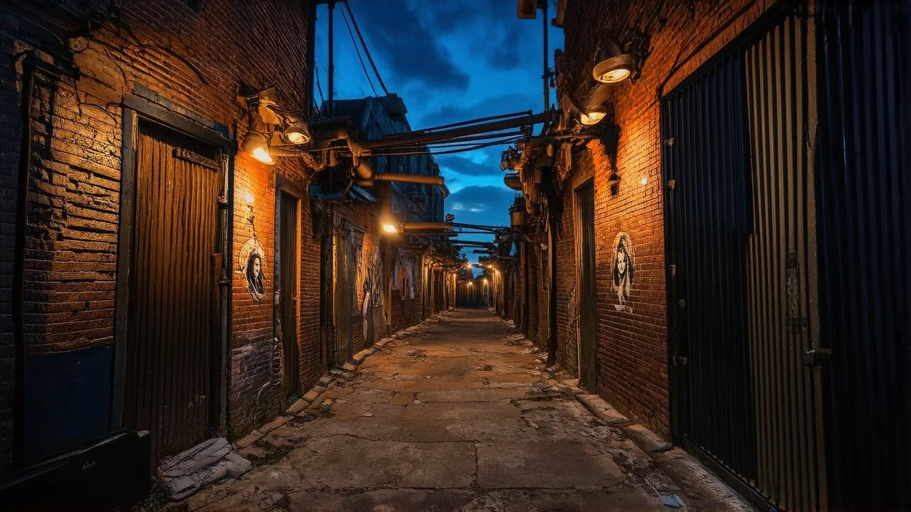 Alleyways were painted in perennial twilight, and adorned with the visages of vagabonds and machinery twisted intimately together.