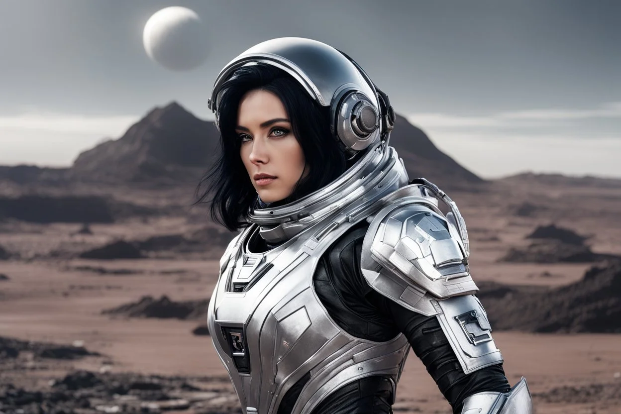 Photo of a Sci-fi woman, with black hair, wearing a silver and black spacesuit looking like an android, on an alien planet