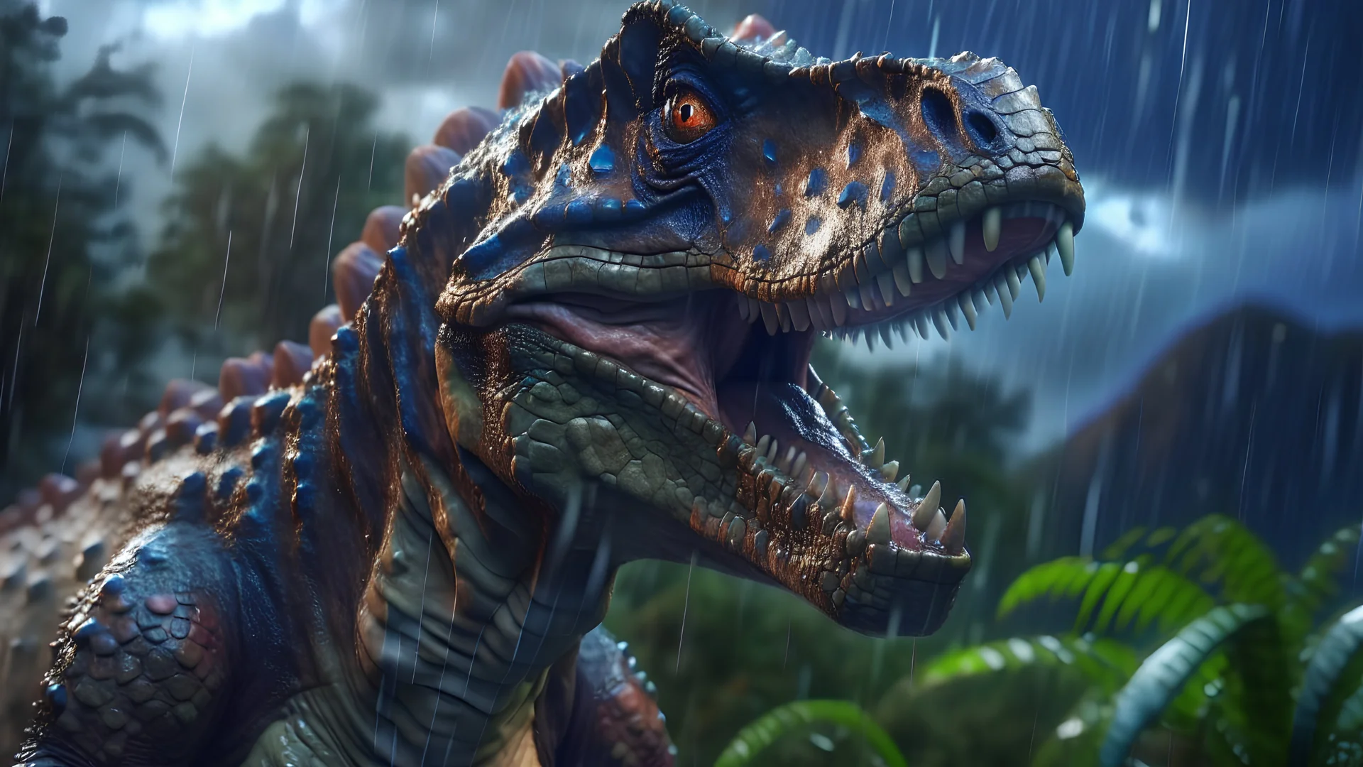 Huge dinosaur in a thunderstorm, intricately detailed face, Professional photography, bokeh, a breathtaking background cinematic side light, medium shot head, shot on dslr 64 megapixels sharp focus, canon lens, Hyperrealistic, concept art, 16k resolution