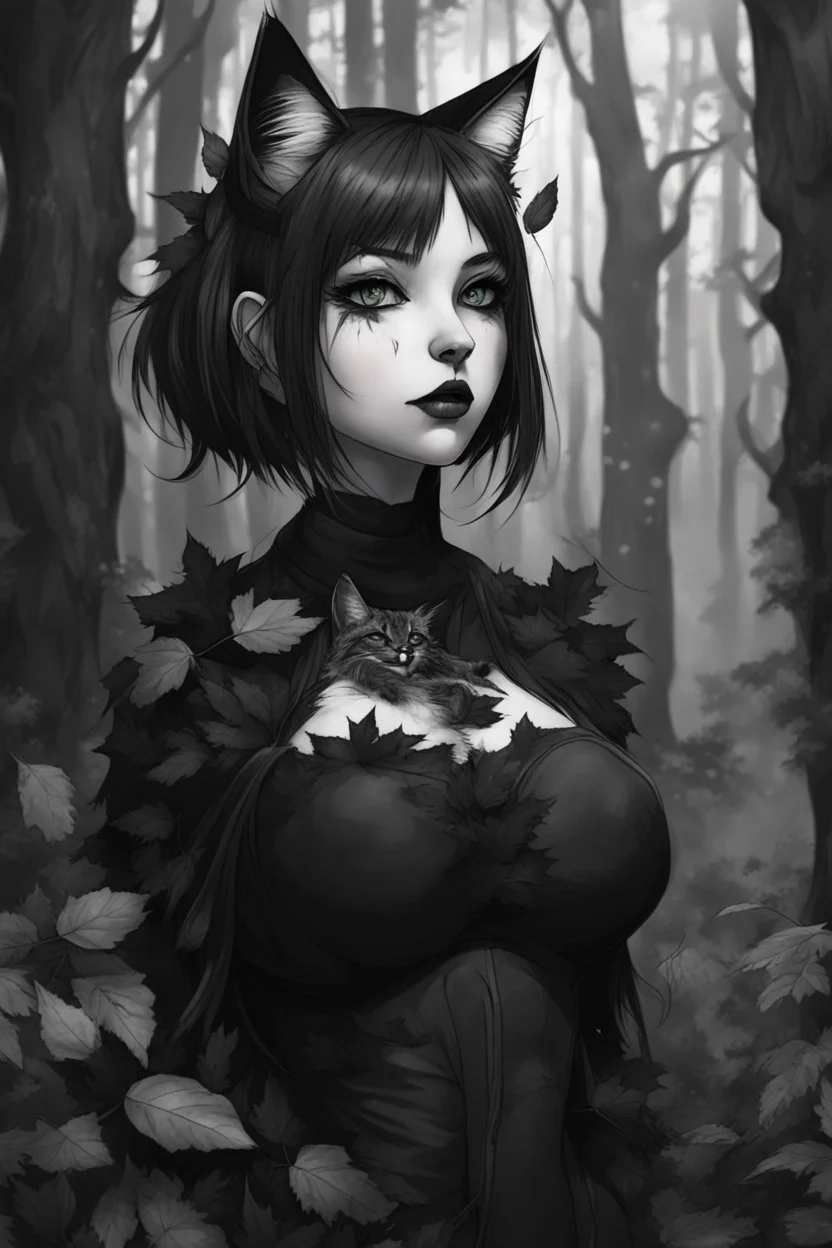 CAT GIRL, goth, forest, nature, cartoon, leaves, black and white hair, boobs, portrait