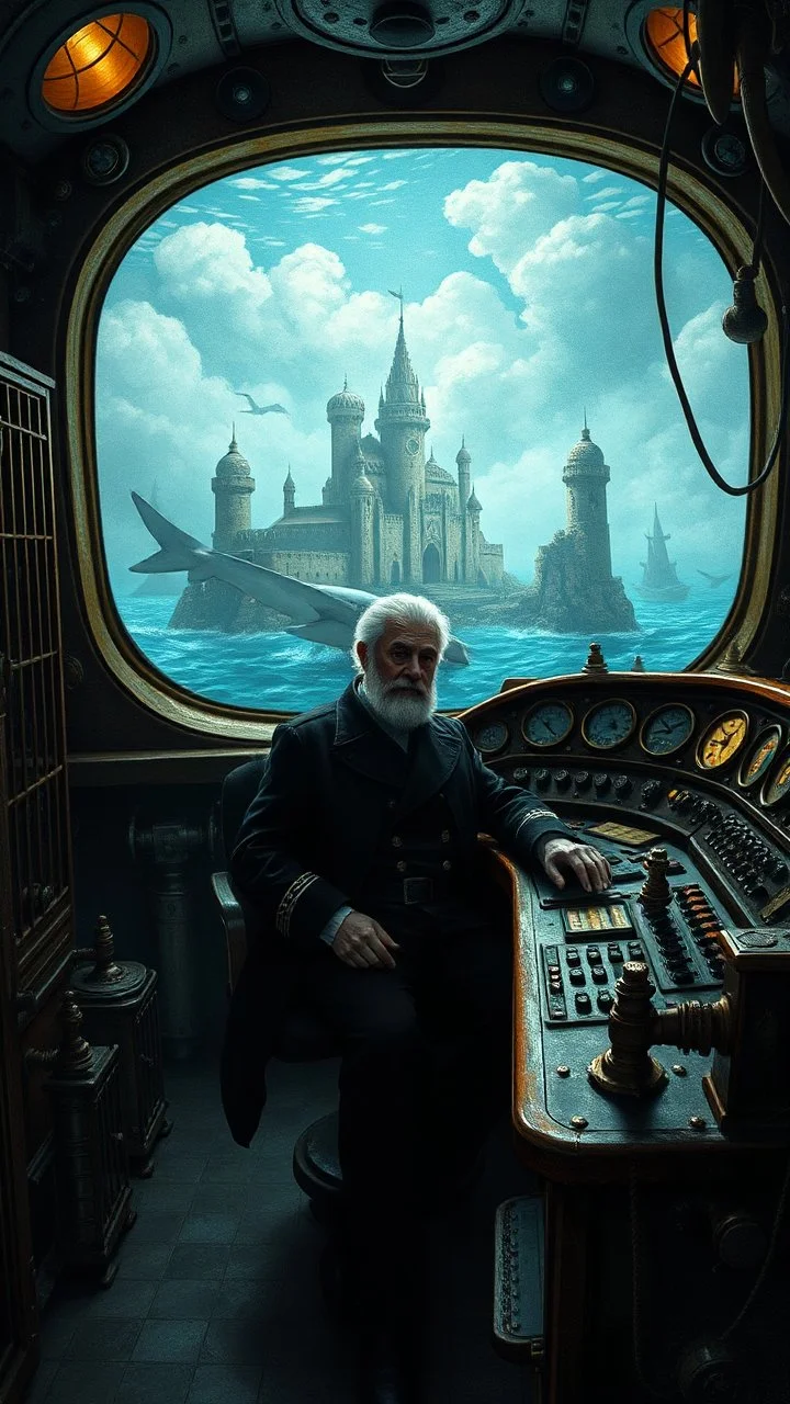 Captain Nemo sitting in a dark submarine control room , filled with cages and buttons and valve on the control dashboard, in a large window to the ocean with shark and castle ancient ruins , paint it in the baroque style,