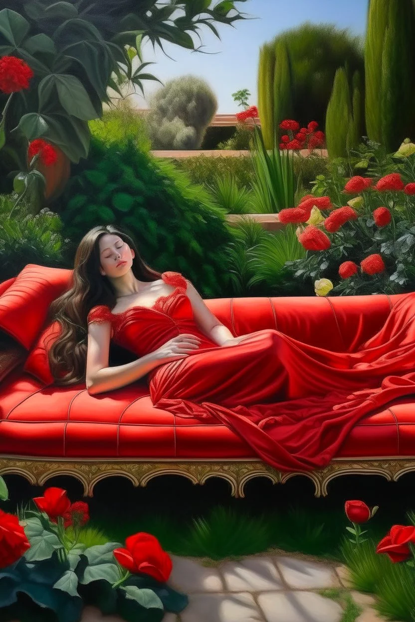 Oil painting Princess lying in the middle of a garden On a sofa and a red cover that covers her body from below only Photorealistic