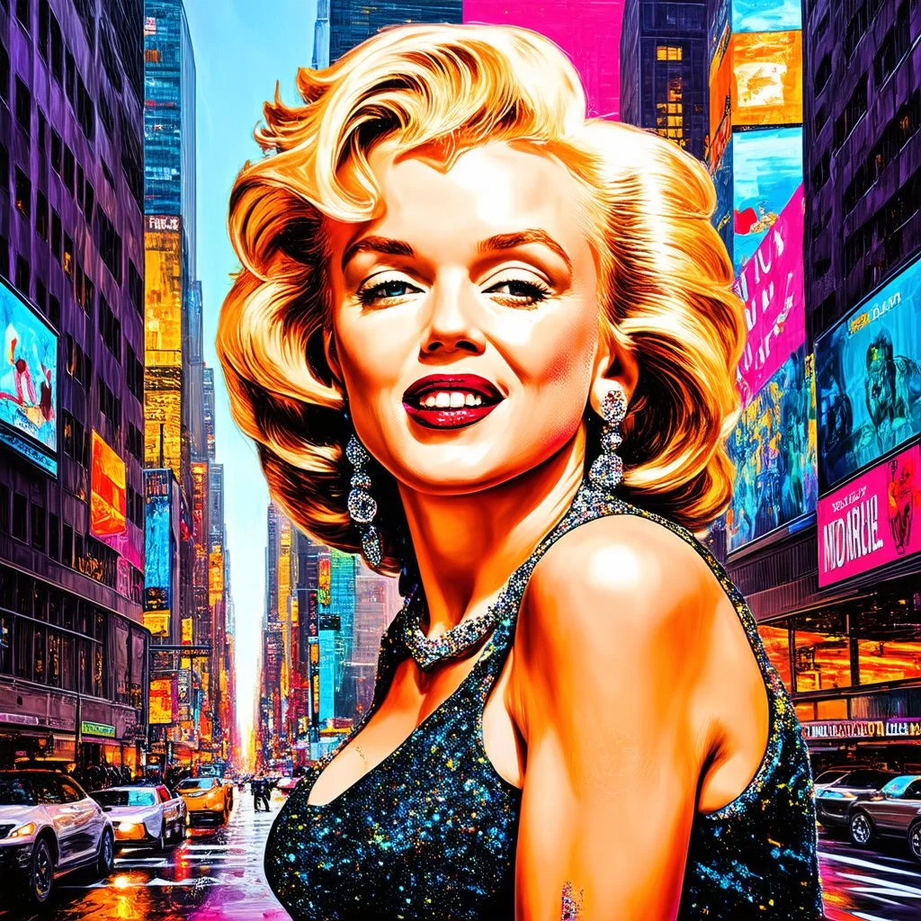 Adobe prompt 80s airbrush poster of Marilyn Monroe in New York City, glitter and gold, in the style of artist Mark Riddick, colourful, hyper-realistic, detailed, vibrant, cityscape background, highly