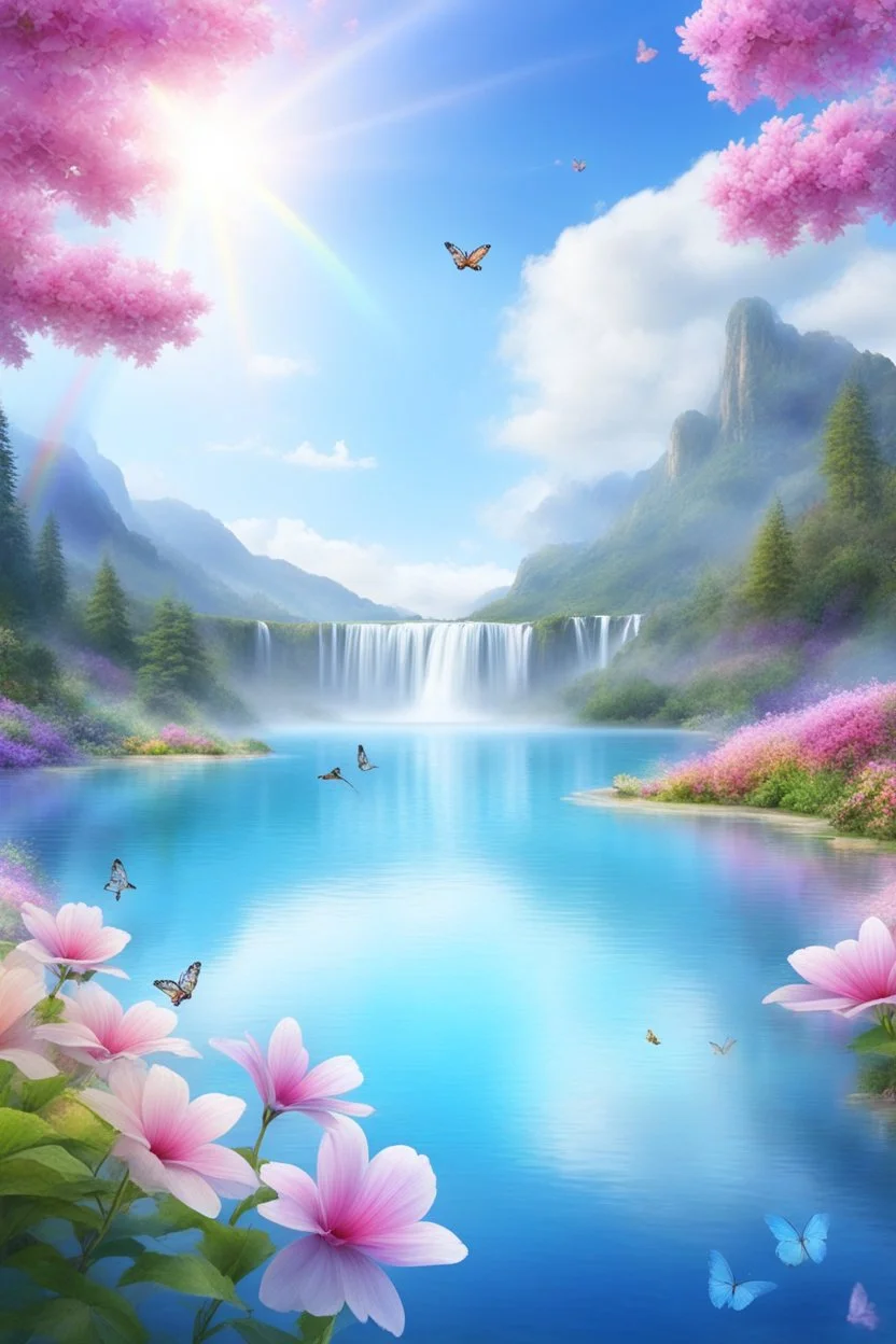 fantastic,Beautiful garden, flowers,rainbows, cascades arc en ciel, papillons colorés