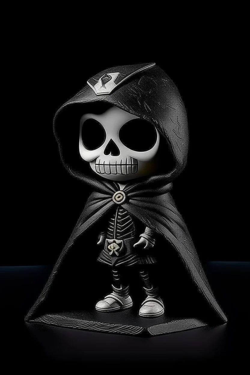 funko skeleton in a black hooded cloak drawn in a retro mascot style, inside a light diamond shape on a black background, monochromatic