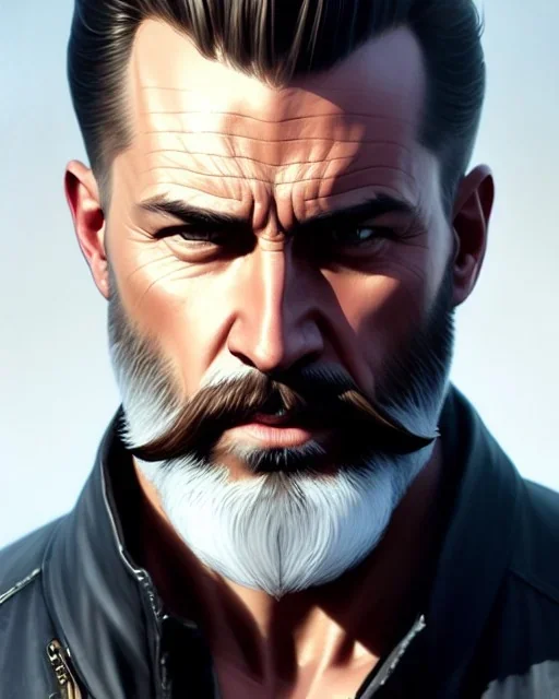 "MIddle aged white human male, with a trimmed but uneven beard, piercing eyes with slick back hair, full-scale head and shoulders portrait, 8k resolution concept art portrait by Greg Rutkowski, Artgerm, WLOP, Alphonse Mucha dynamic lighting hyperdetailed intricately detailed Splash art trending on Artstation triadic colors Unreal Engine 5 volumetric lighting Splash art fantasy"