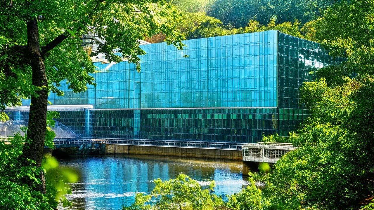 River power plant surrounded by lush greenery, glass blocks reflecting dappled sunlight, creating a vibrant and atmospheric environment that nods to its industrial origins and the essential role of water.