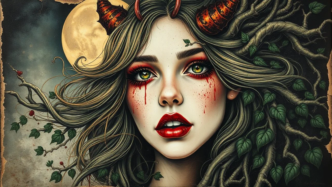old worn torn, multi-layered cracked canvas, fine detailing with alcohol ink, Captivating realistic painting of a WOMAN, fair face, red lips, splashes of color, HORNS, FANGS, BLOODY TEARS, Multiple exposure, fluffiness, her face is illuminated, her hair merges with swirling fractal vines and tree roots, dark green foliage, symbolizing the unity of strength and wild nature. Flowing hair dissolves into intricate, endless patterns, as if they are protectors and part of the same organic force. Moon
