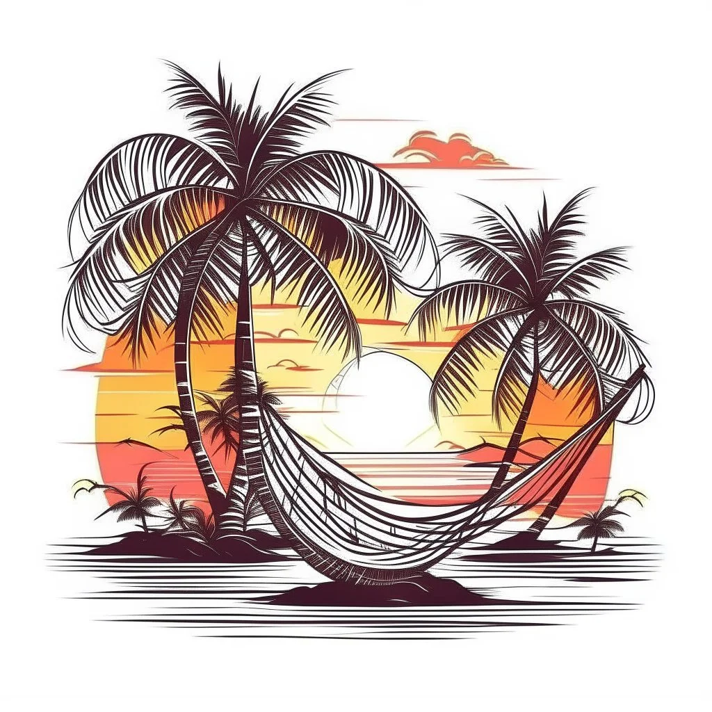 A tropical paradise island with palm trees and a hammock, dreamy, idyllic, sunset glow lighting, T-shirt design graphic, vector, contour, white background