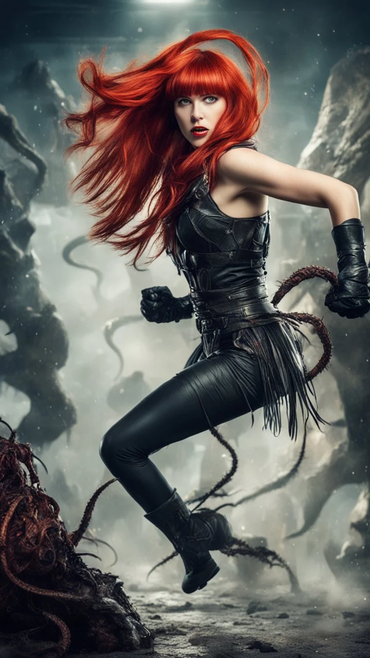 Full-body retro photo of a woman with straight red hair and a Fringe, in a fight with a monster, wrapped in tenacles, in an action pose, sci-fi Background