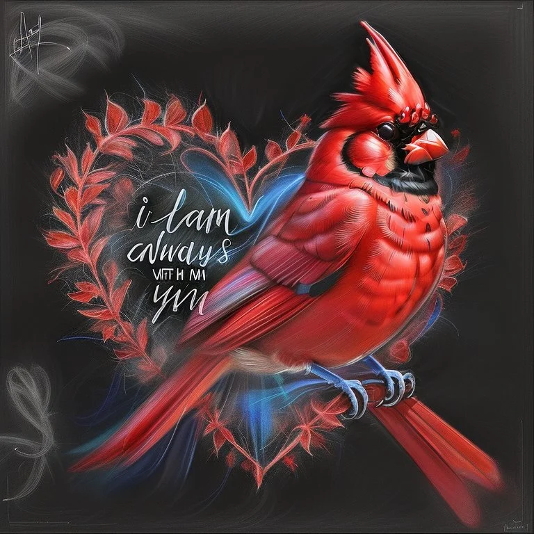 Bing: a vibrant digital chalk sketch painting featuring a double exposure image of a beautiful majestic red cardinal, ultra-detailed, within the body of the cardinal is a heart with the words "I AM ALWAYS WITH YOU" in a beautiful script