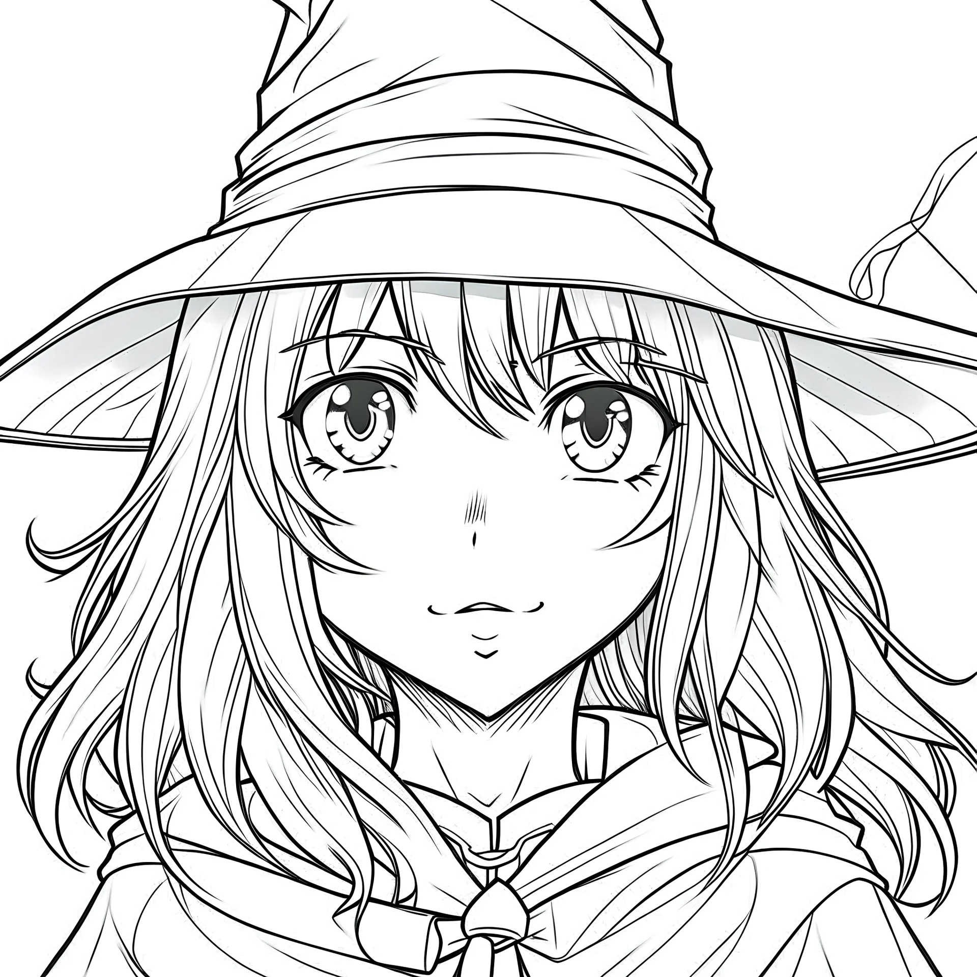 outline art for square witch portrait coloring page for kids, classic manga style, anime style, realistic modern cartoon style, white background, sketch style, only use outline, clean line art, no shadows, clear and well outlined