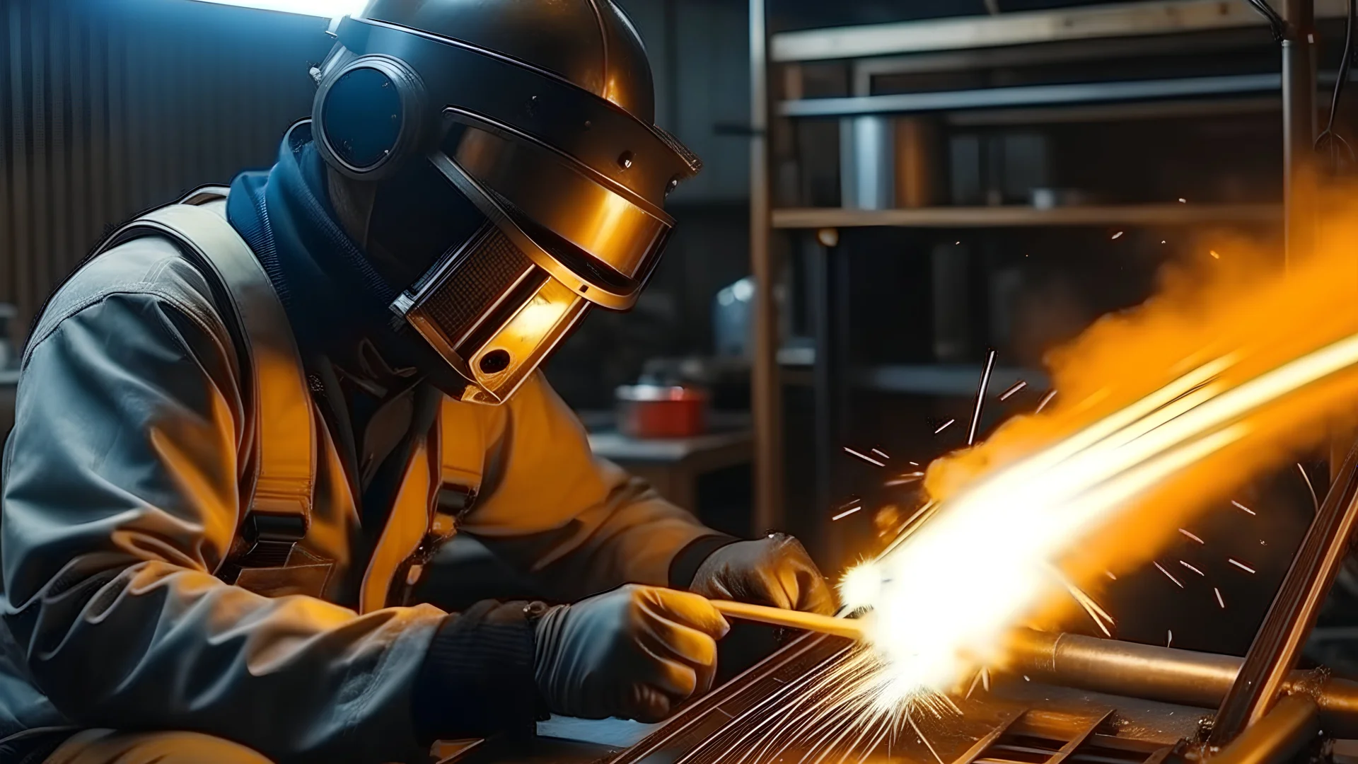 Welding steel pipe with Mig-Mag method for industrial work. Gas metal arc welding, man in mask