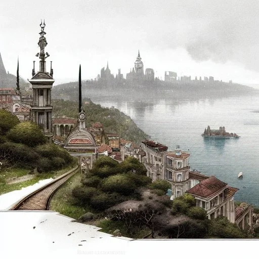 Skyline+city on inslands+Trainstation on cliff+Beaux Arts architecture,+palladio+detailed facades+uphill road+trees+ biopunk+Bueno Aires+turin+trieste+Book illustration by Gediminas Pranckevičius, Jean Baptiste Monge, Brian Kesinger, Anton fadeev, Kilian Eng, strong lines, high contrast vibrant colors, highly detailed, 16k resolution, trending on behance