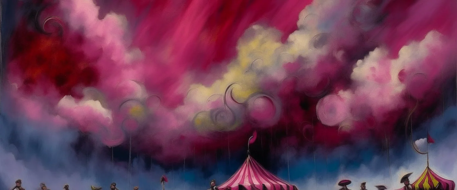 A magenta circus in the cloudy sky painted by Claude Monet