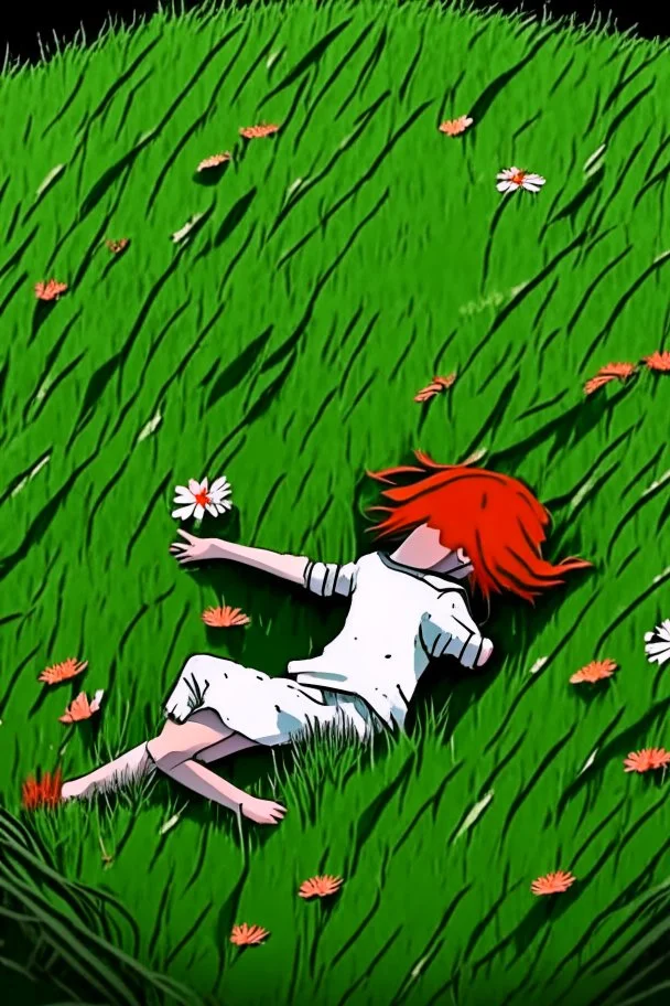 A lonely man is hugging his knees and sleeping in the meadow, cartoon style- anime