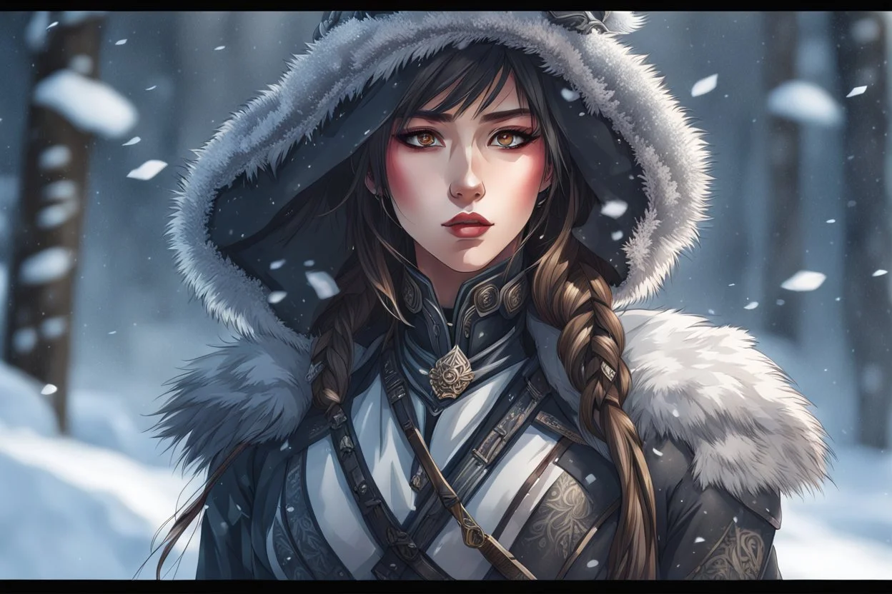 Beautiful girl in 8k anime realistic drawing style, ronin custom, kindred mask, close picture, snow, apocalypse, intricate details, highly detailed, high details, detailed portrait, masterpiece,ultra detailed, ultra quality