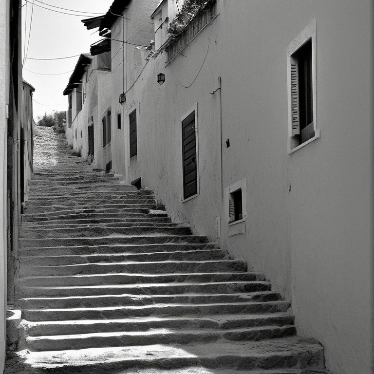 Calle de un pueblo de una isla italiana en verano, con escalinata, fotografía real, fotografía realizada con cámara Leica y objetivo de 50 mm, siguiendo estilo de la serie 'Ripley' emitida en Netflix, fotografía en blanco y negro, virada tonos años 50