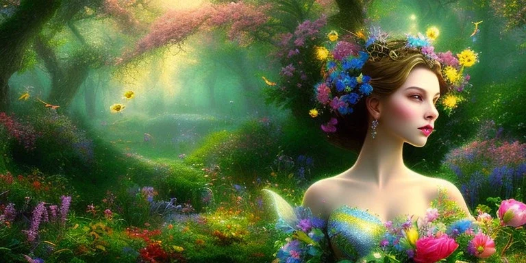 bright fairy, beautiful portrait, flowery landscape