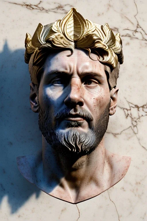 Ultra Realistic image, Roman sculpture, white marble material, Lionel Messi, gold Laurel leaves wreath, renaissance ornaments, one gold star in heart, marble background, chisel style, waist up portrait, emperor style, epic, celestial, cinematic lighting, God light, god rays, 4k resolution, smooth details, ornate details, soft lighting, unreal engine 5, art station, substance 3d.