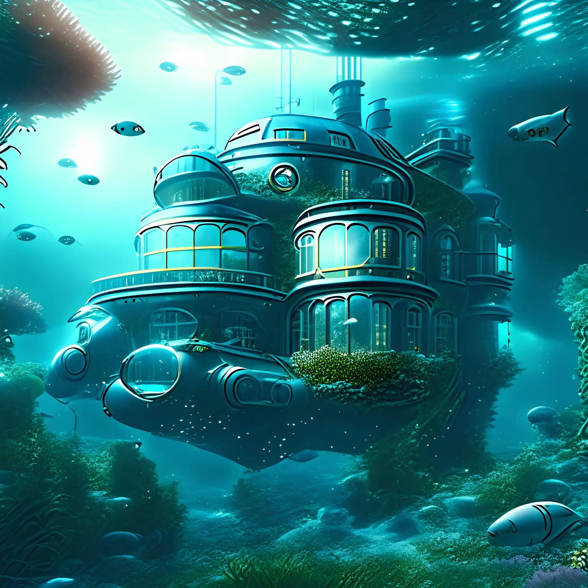 Futuristic underwater country house science fiction hyper-realistic 8k detail
