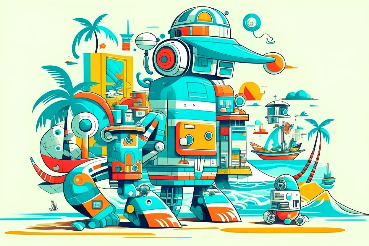 cool fun beach brand beach wear random design seaside robots abstract objects machines like havana brand full page like basqiat