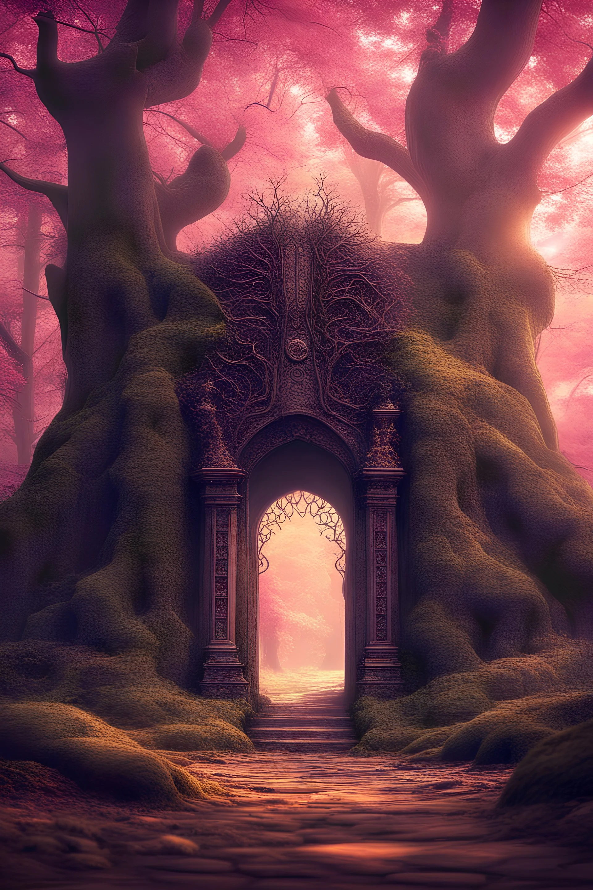 A magical magical gate, in the middle of a fabulous, beautiful forest. The gate leads to a magical, strange world where magic reigns. Fabulous, bizarre, beautiful animals walk nearby