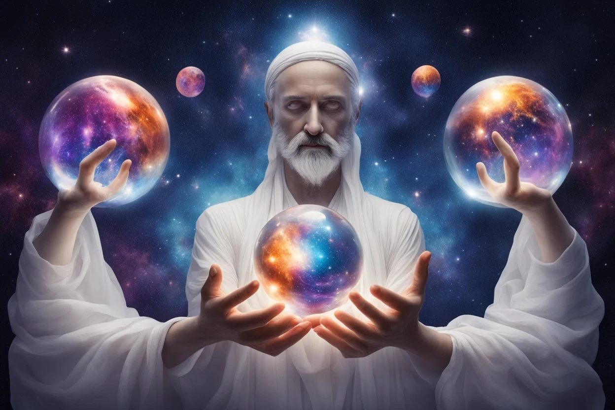 kundalini, connected to the universe, few colours of galaxy, holding galaxies in few hands in glass balls