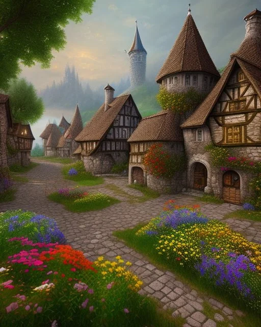 medieval fantasy village with flowers rpg art