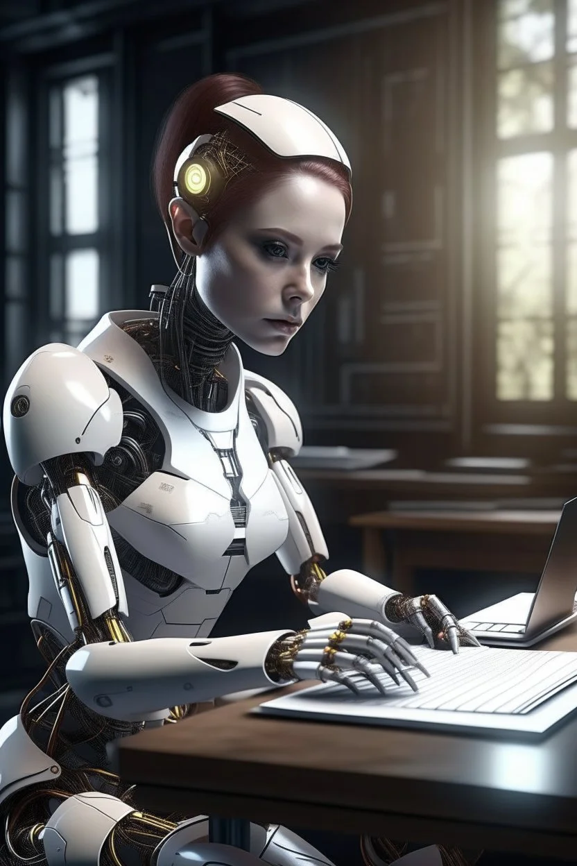 generate a front cover representation of Ai photo realistic attractive female humanoid bot writing a book at a desk