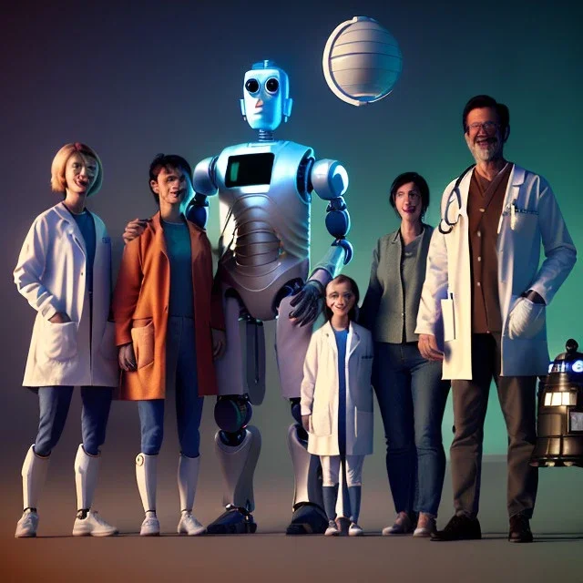 Ultra Realistic family portrait, living room. father. mother. daughter. alien pet. assistant robot. retro futuristic, doctor who style. smile, happy. highly detailed, concept art, unreal engine 5, ray tracing, RTX, lumen lighting, ultra detail, volumetric lighting, 3d, finely drawn, high definition, high resolution.