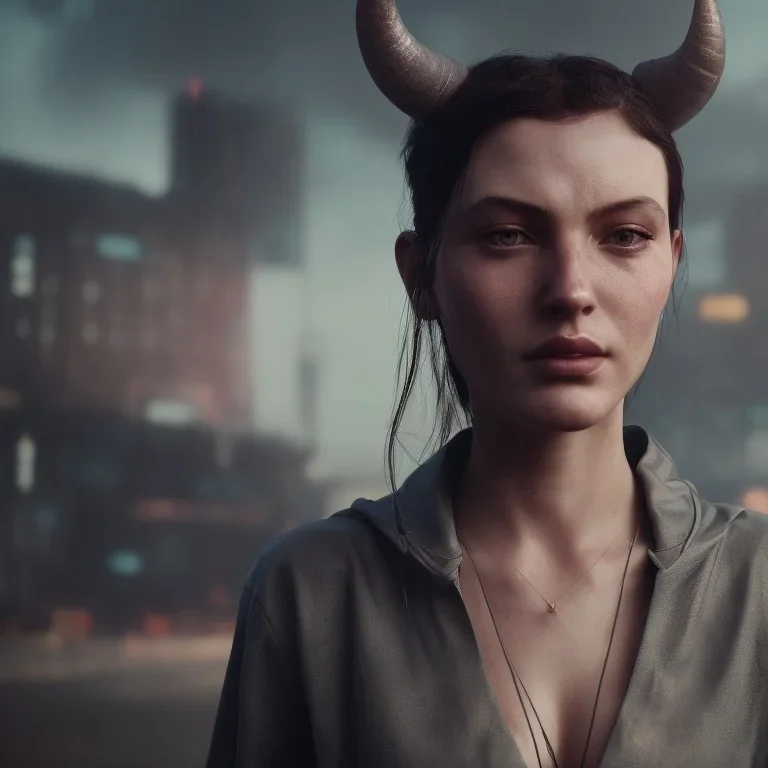 a moody medium-close-up shot of an attractive horned woman on a cyberpunk city sidewalk, high-resolution