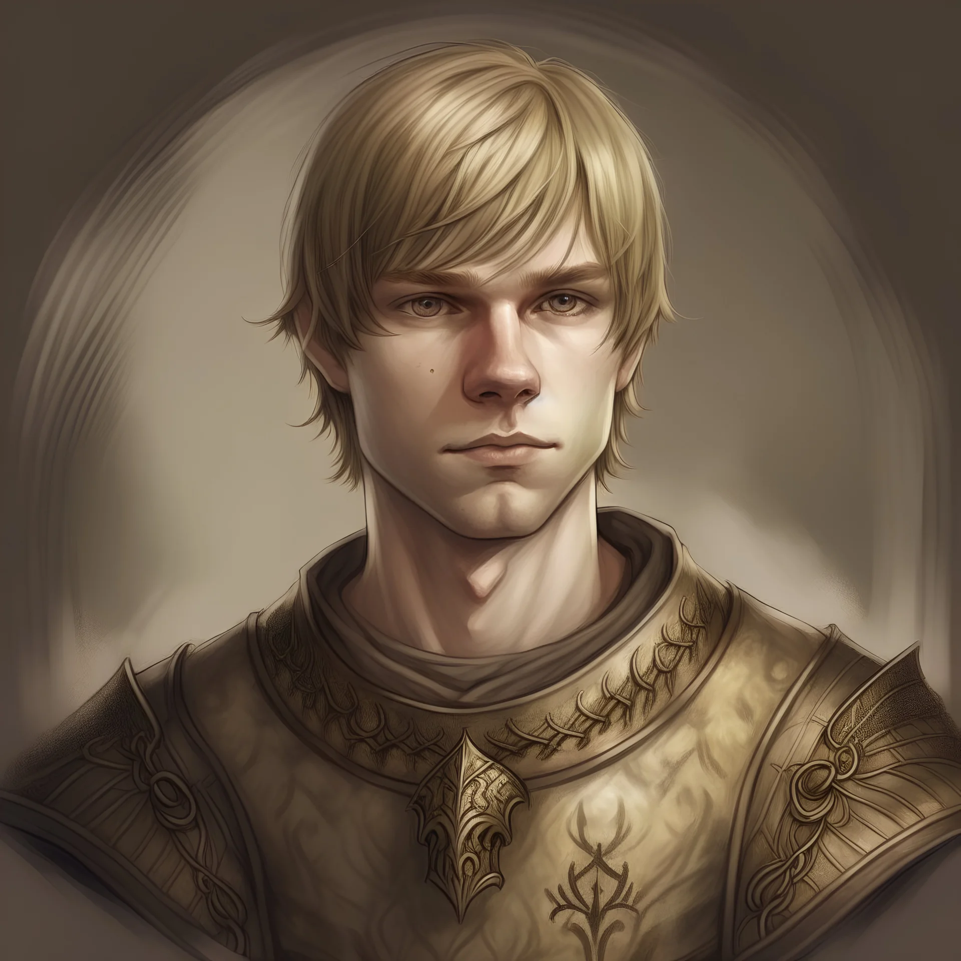 fantasy drawn, male in end thirties, 190cm in hight, in light armor, dark blonde bowl cut, a bit of an idiot but kindhearted, small smile