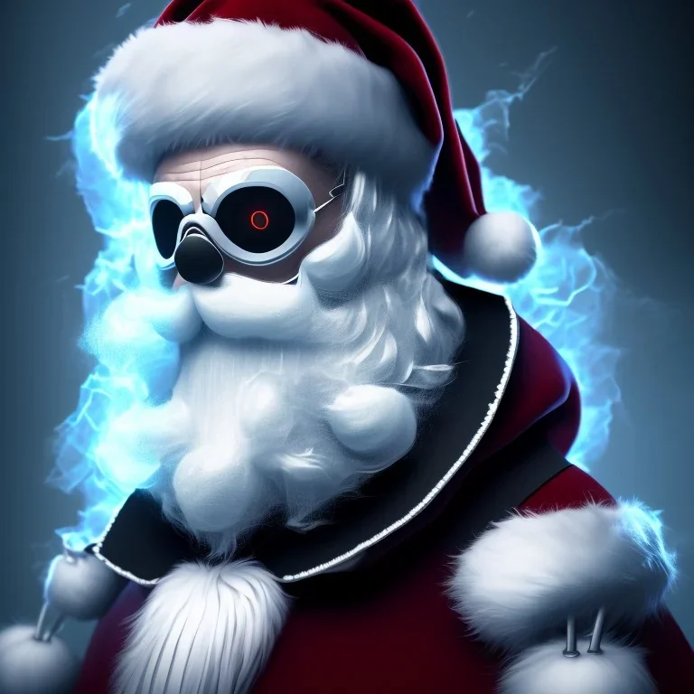 All Black Santa, ghost, wearing high tech mask, white smoke, dark, rage, high definition, ultra 8 k, volumetric lighting, blue fire, fog red rain