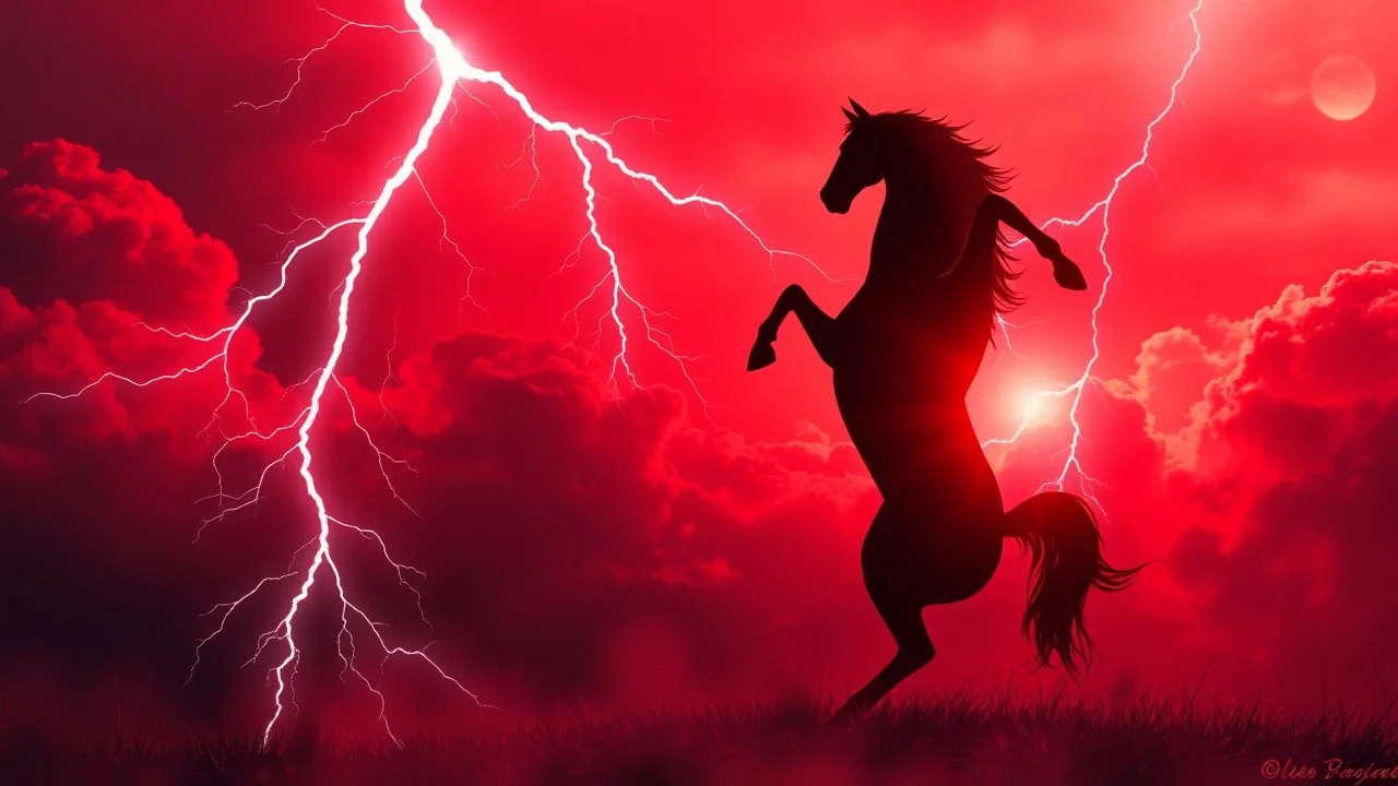 full silhouette of a horse rearing up(on right facing left, outlined by lightning), red cloudy sky, lightning bolts(from top to bottom left), digital painting