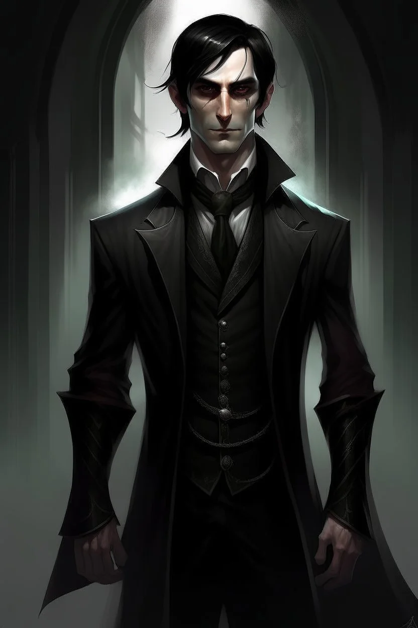 the dark butler, elf with dark hair, dark clothes, shadow magic