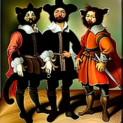 retrato cuerpo entero al oleo en canvas de tres gatos vestidos como los tres mosqueteros con estilo de Rubens y Diego Velázquez y Rembrandt y Leonardo da Vinvi 8k