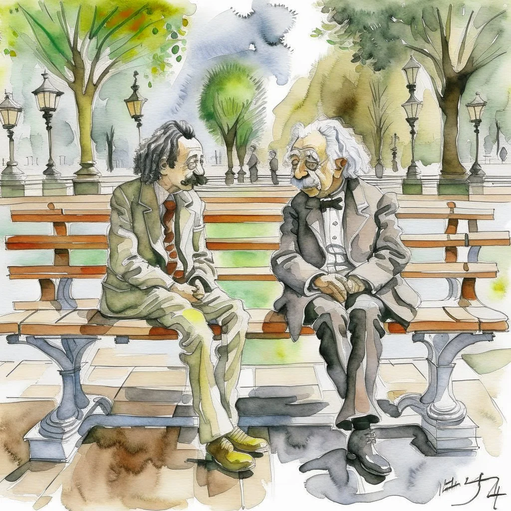 Watercolor painting of Salvador Dali and Albert Einstein sitting on a park bench and talking.